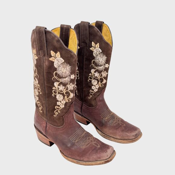 Toro Moro Womens Western Boots Brown Leather Floral Square Cowgirl Rodeo US 4.5 - Picture 1 of 10